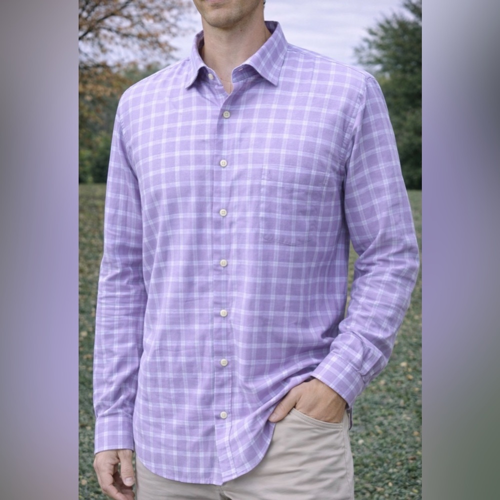 -Peter Millar Linen Blend Button-Down L/S Lavender Windowpane Mens Size XXL